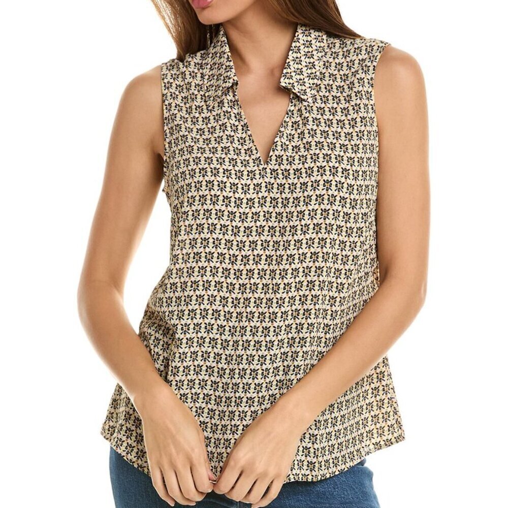 Cabi Bit map top blouse shirt sleeveless yellow geometric v-neck collar new M